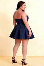 Plus Size Back View of LVLVS Beverly Dress Navy Satin Strapless Open Back Mini Skater Dress for Sorority Rush & Formal Gatherings - Comfortable Fit
