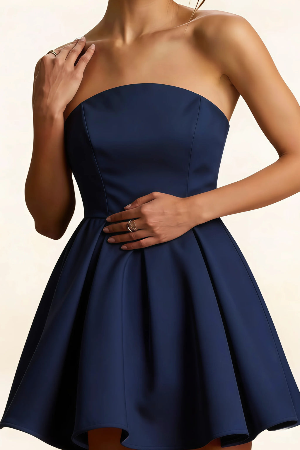 Close-Up of LVLVS Beverly Dress Navy Satin Strapless Open Back Mini Skater Dress Bodice for Party & Dance Events - Smooth Satin Texture