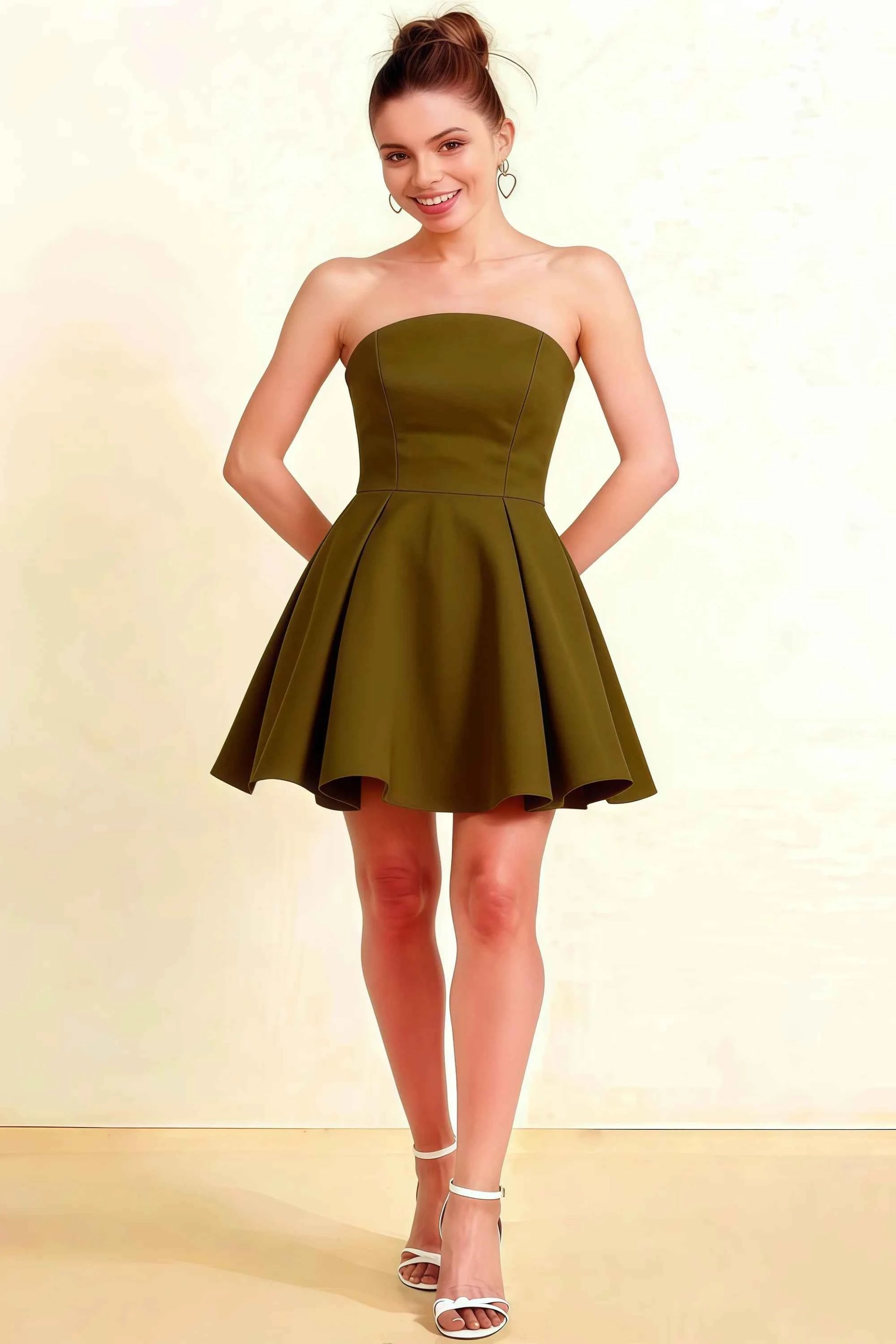 Beverly Olive Satin Strapless Open Back Mini Skater Dress