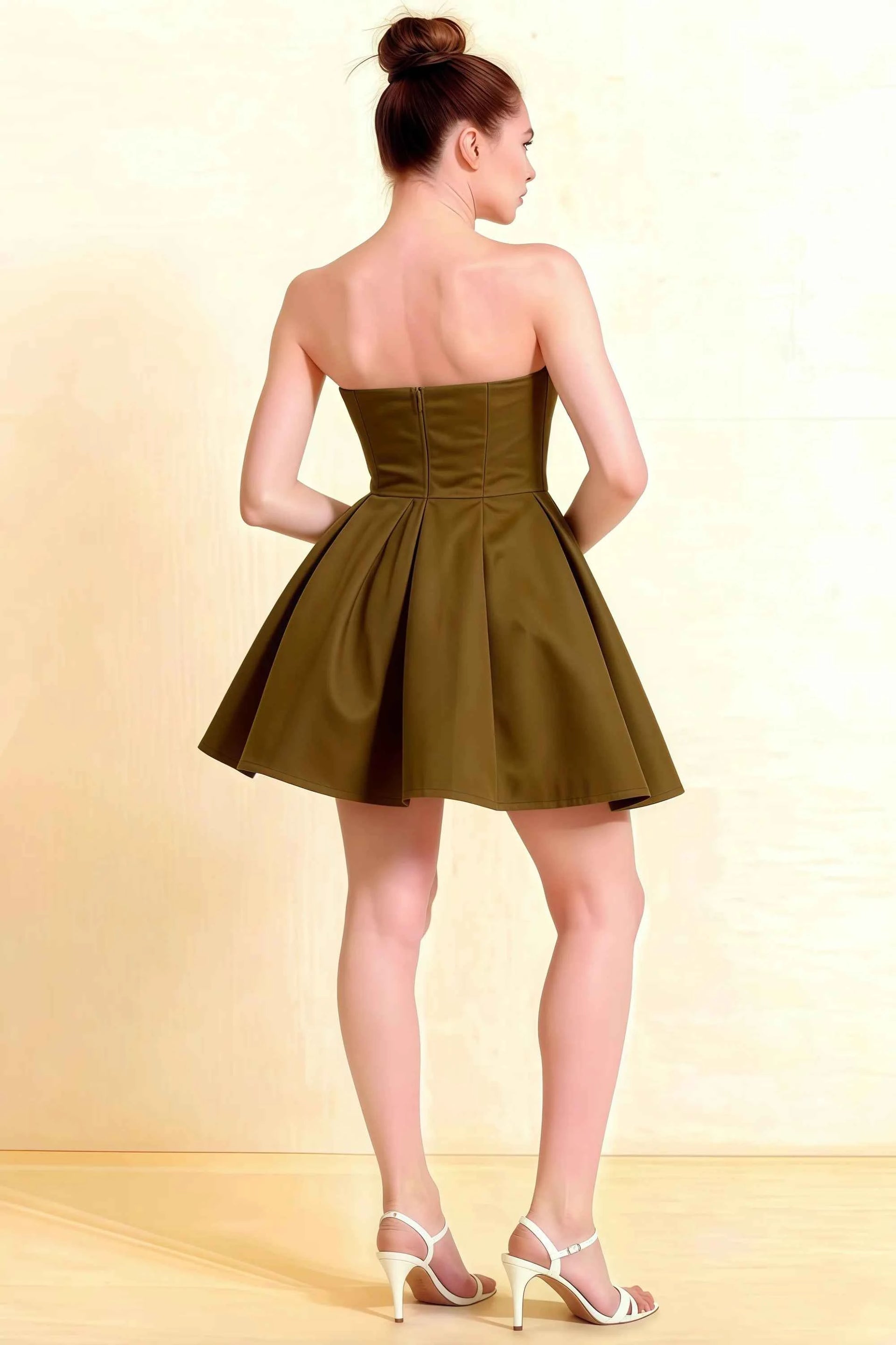 Beverly Olive Satin Strapless Open Back Mini Skater Dress