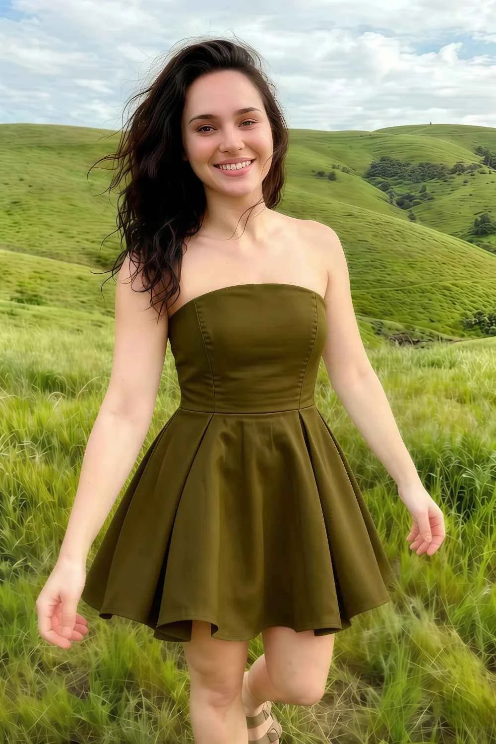 Beverly Olive Satin Strapless Open Back Mini Skater Dress
