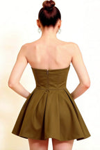 Close Up Back LVLVS Beverly Dress Olive Satin Strapless Open Back Mini Skater Dress for Bridesmaid Semi - Formal Wedding Guest