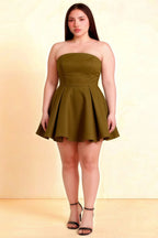 Plus Size LVLVS Beverly Dress Olive Satin Strapless Open Back Mini Skater Dress for Curvy Bridesmaid Casual Office Work