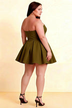 Plus Size Back LVLVS Beverly Dress Olive Satin Strapless Open Back Mini Skater Dress for Curvy Bridesmaid Party Semi - Formal