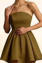 Detail LVLVS Beverly Dress Olive Satin Strapless Open Back Mini Skater Dress Fabric Fit for Cocktail Bridesmaid