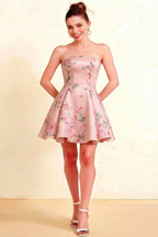 ALT: LVLVS Pink Floral Satin Strapless Open Back Mini Skater Dress for Cocktail Parties & Bridesmaid Dresses | Elegant Sweetheart Neckline