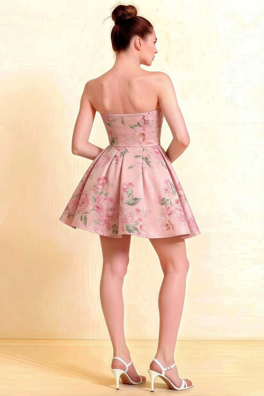 ALT: Back View of LVLVS Pink Floral Satin Skater Dress with Open Back Zipper Detail - Perfect for Prom or Formal Dinners