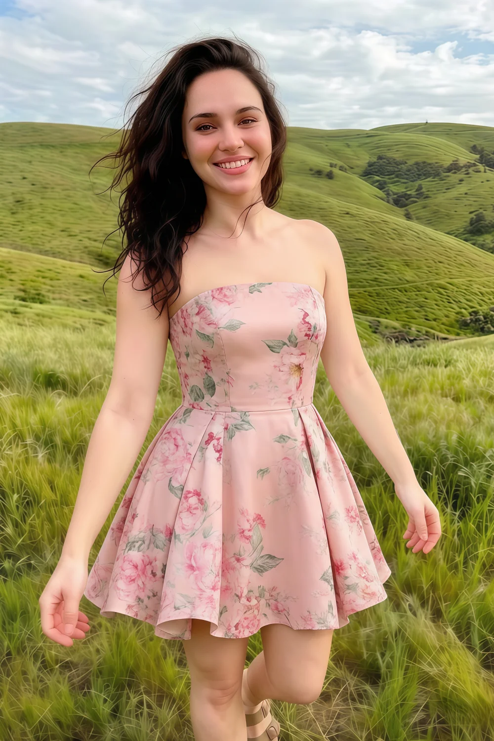 ALT: Customer Wearing LVLVS Beverly Dress in Pink Floral Satin for Outdoor Spring Events & Casual Brunches