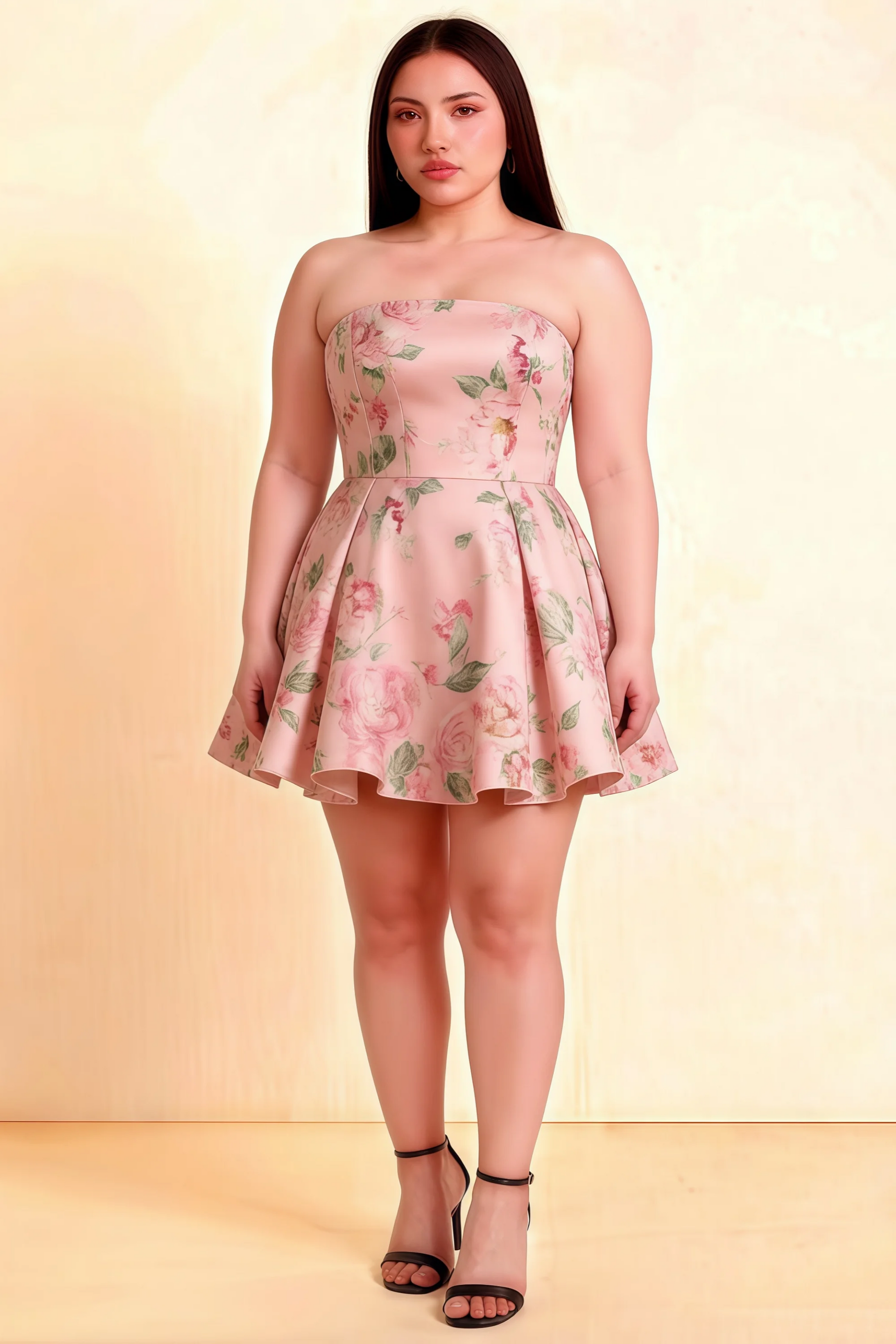 ALT: Plus Size Model in LVLVS Pink Floral Satin Skater Dress - Flattering Fit for Curvy Women at Evening Parties