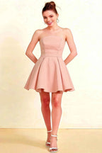Beverly Pink Satin Strapless Open Back Mini Skater Dress