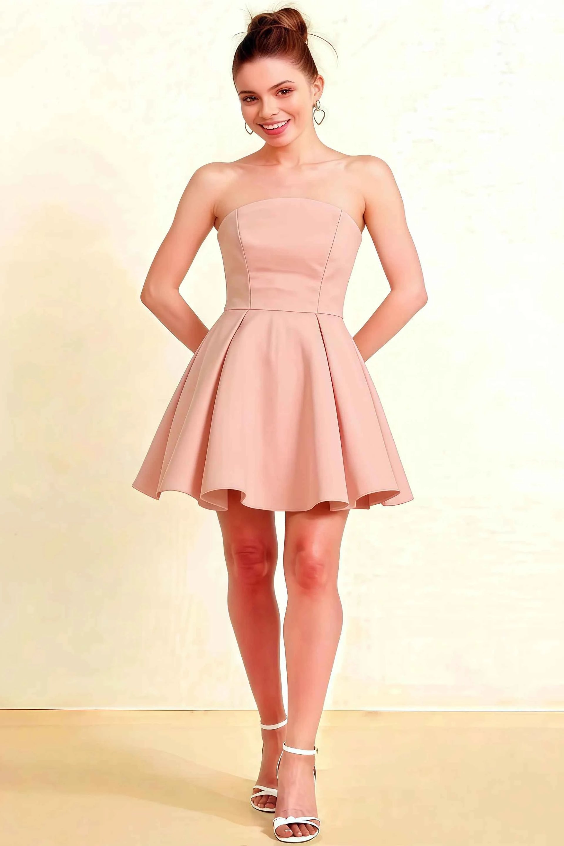 Beverly Pink Satin Strapless Open Back Mini Skater Dress