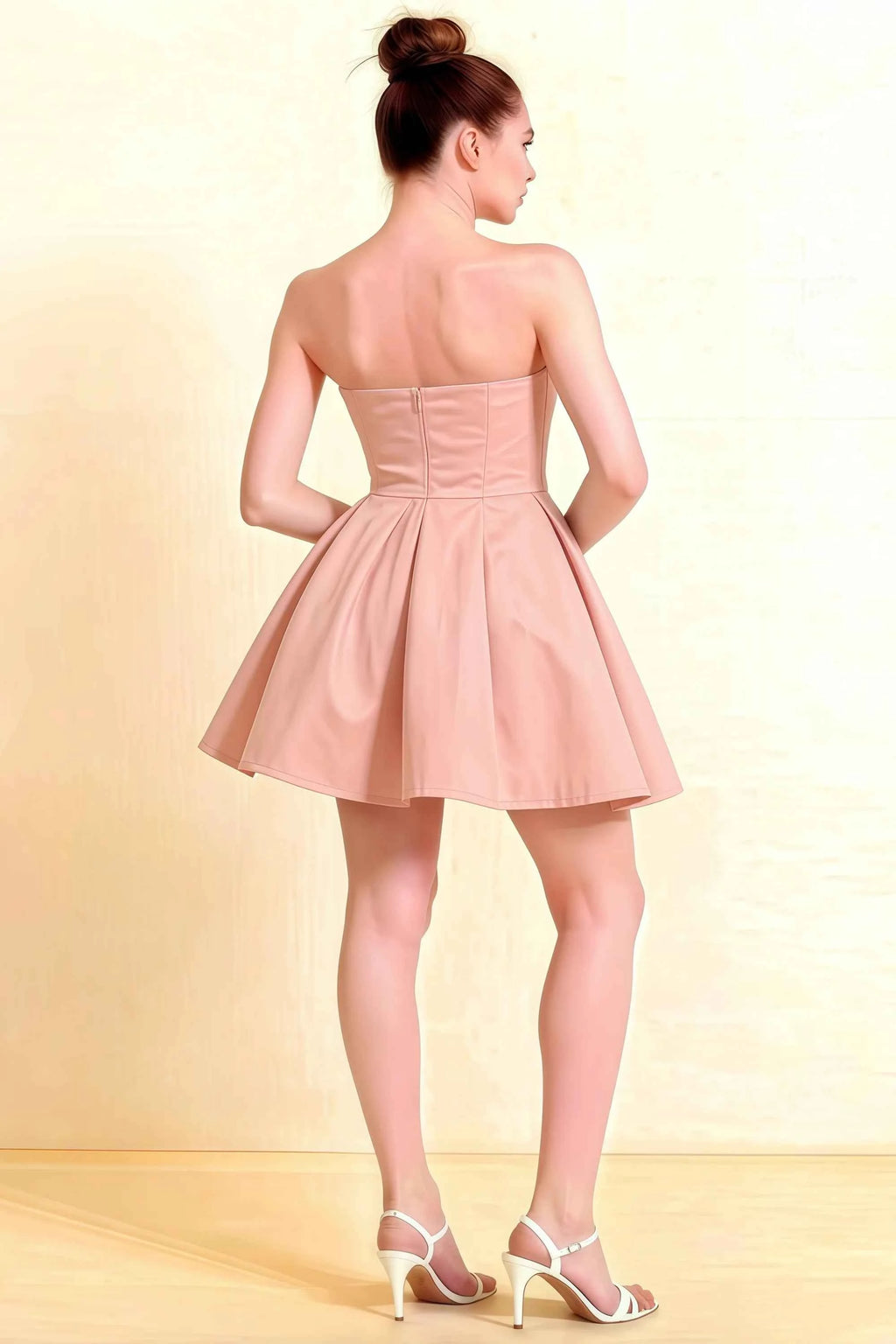Beverly Pink Satin Strapless Open Back Mini Skater Dress