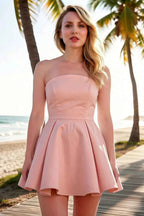 Beverly Pink Satin Strapless Open Back Mini Skater Dress