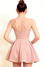Back Detail LVLVS Pink Satin Strapless Open Back Mini Skater Dress Formal Event Dance Sorority Rush
