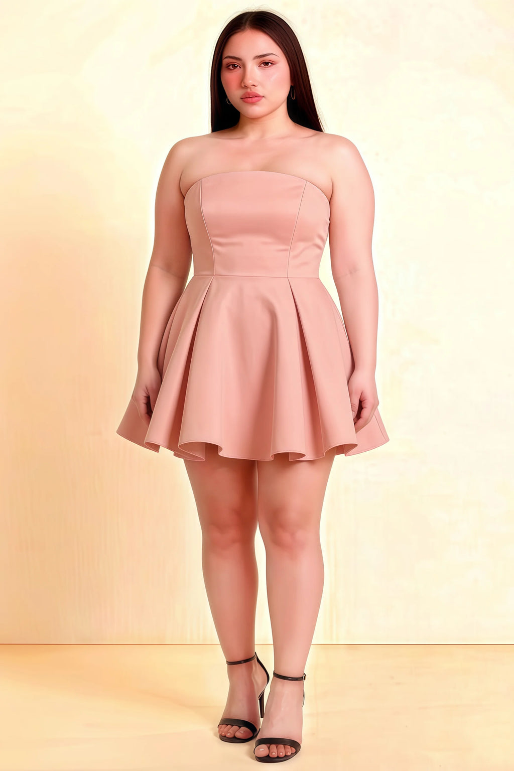 Plus Size LVLVS Pink Satin Strapless Open Back Mini Skater Dress Office Work Party Inclusive Fashion