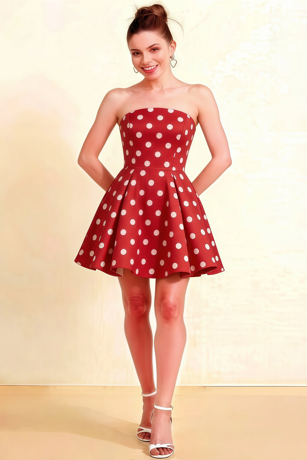 LVLVS Red Polka Dot Satin Beverly Dress strapless sweetheart neckline fit and flare mini skater dress perfect for cocktail party and date night