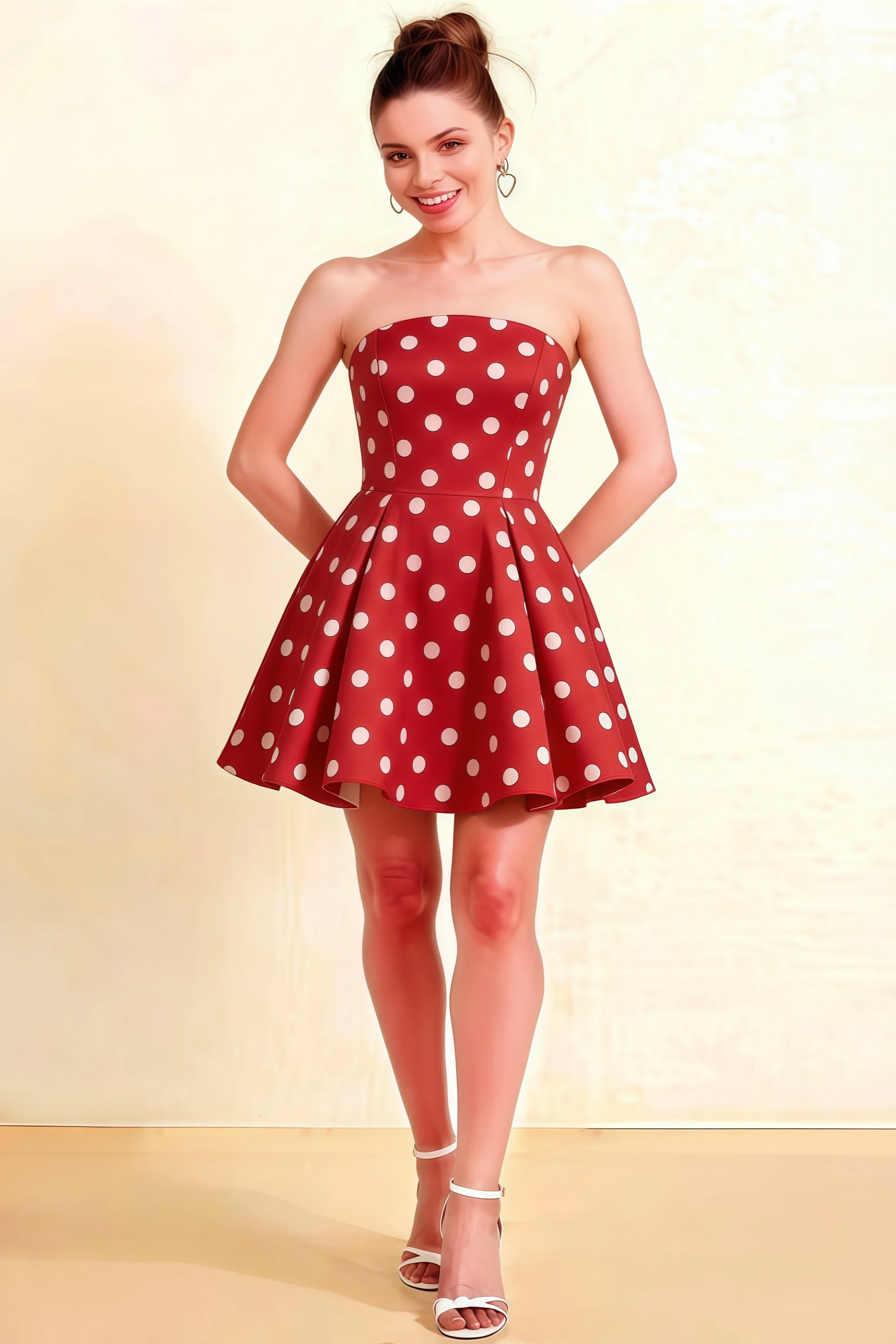LVLVS Red Polka Dot Satin Beverly Dress strapless sweetheart neckline fit and flare mini skater dress perfect for cocktail party and date night