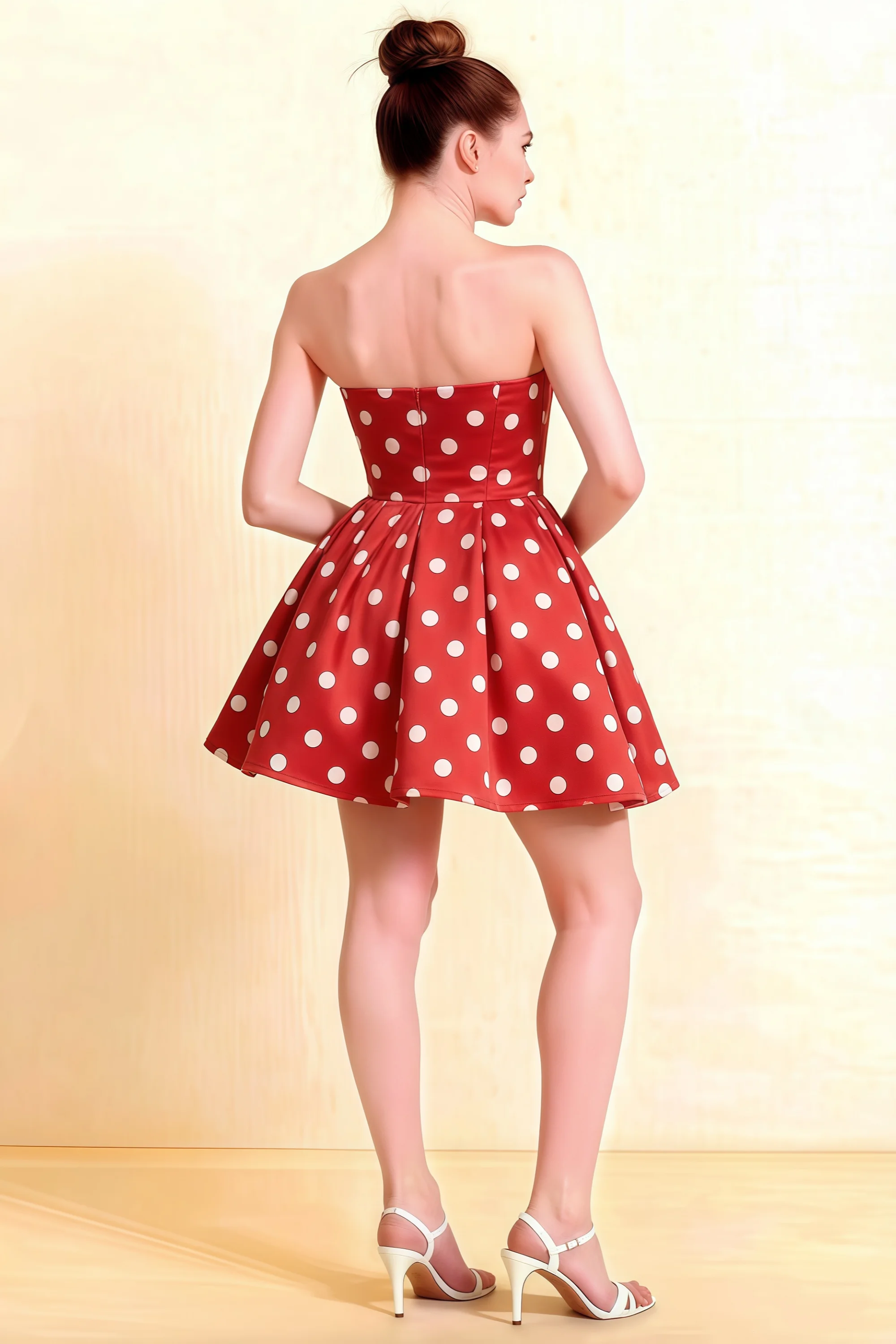 Beverly Red Polka Dot Satin Strapless Open Back Mini Skater Dress Imagen secundaria del producto