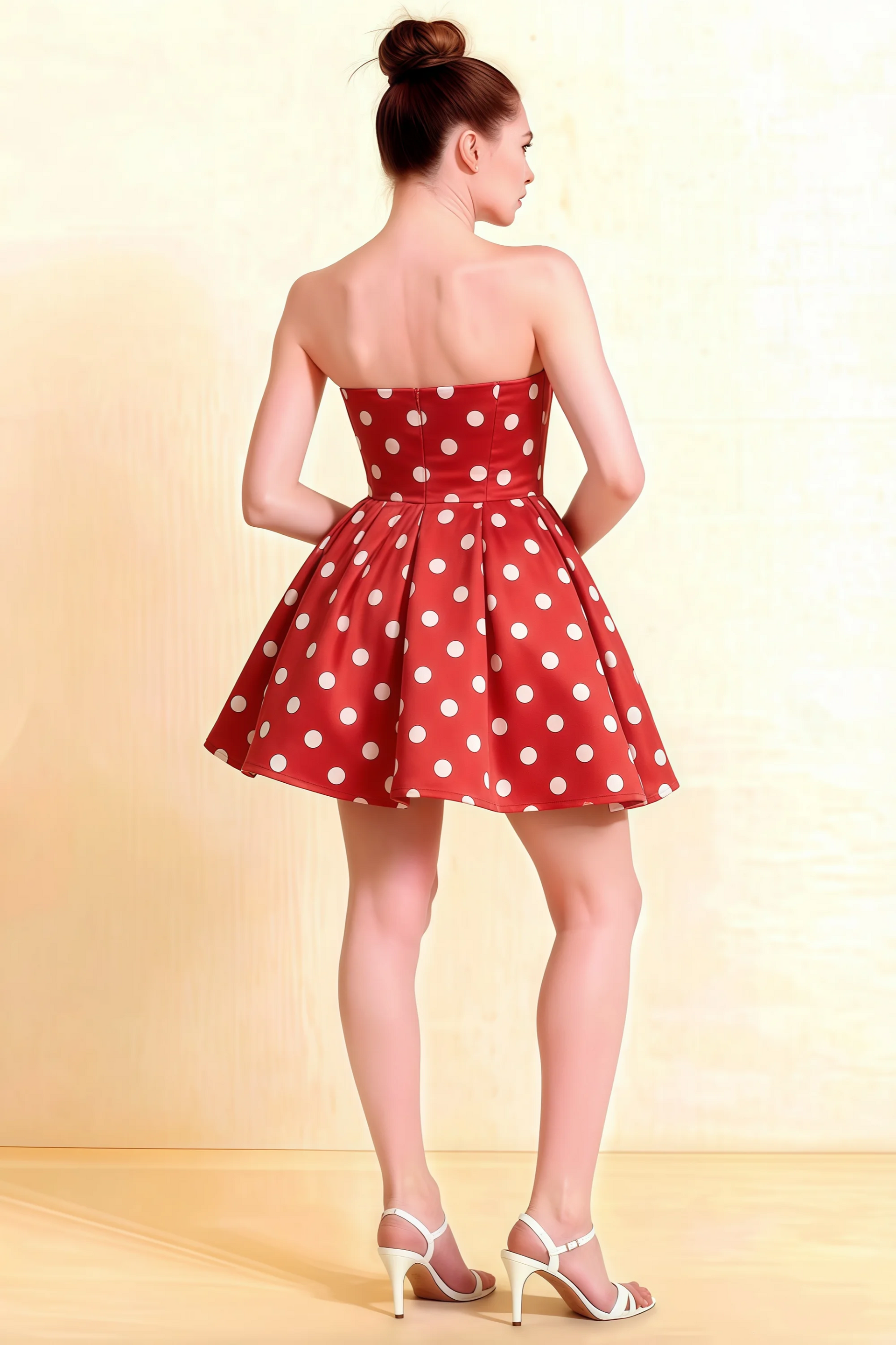 LVLVS Red Polka Dot Satin Beverly Dress open back zipper detail fit and flare silhouette elegant bridesmaid semi-formal event wear