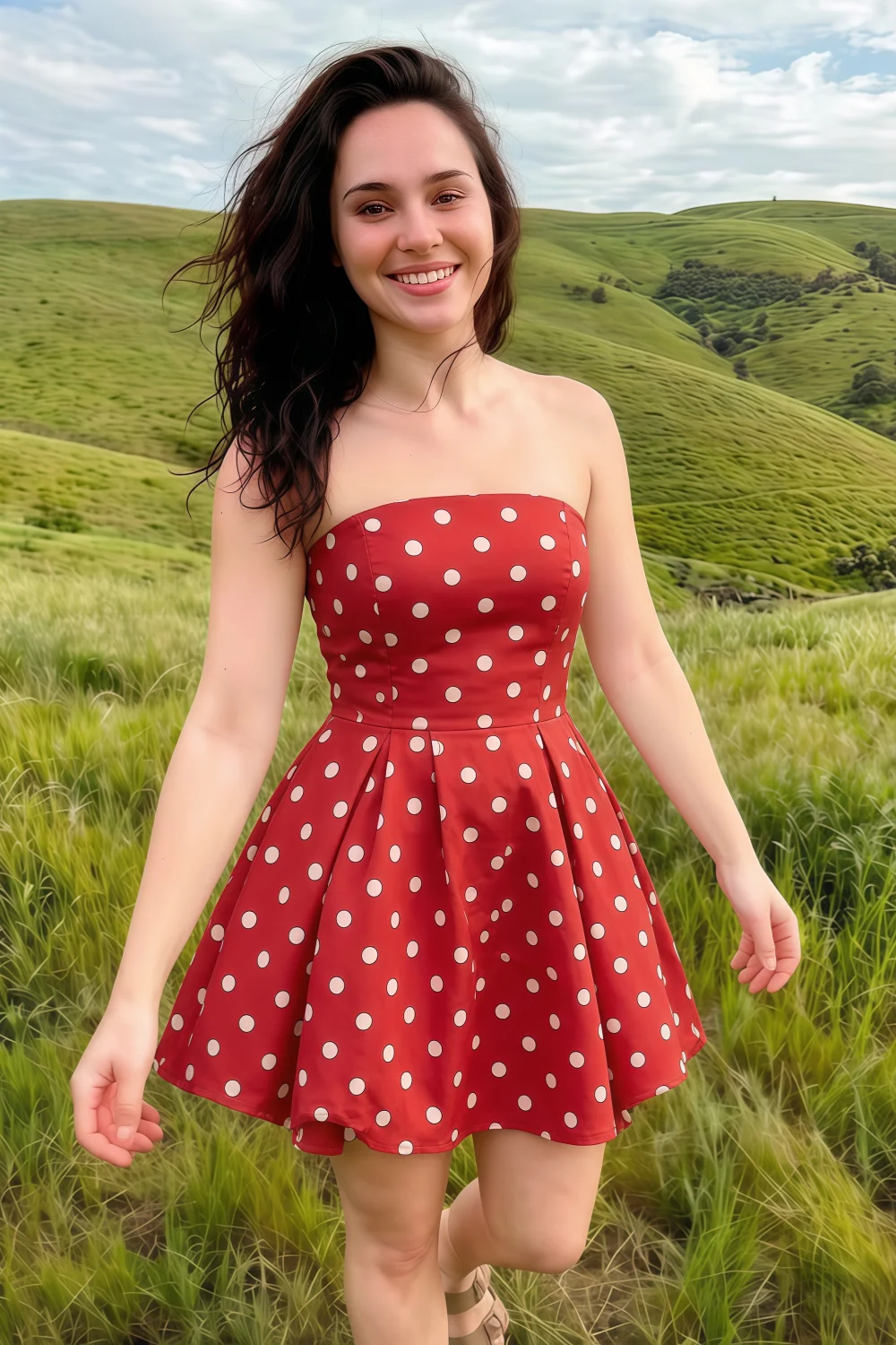 Customer photo wearing LVLVS Red Polka Dot Beverly Skater Dress in countryside setting happy and confident plus size friendly retro style
