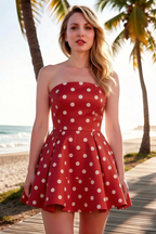 Customer photo at beach wearing LVLVS Red Polka Dot Satin Beverly Dress summer vacation going out outfit palm trees background coastal style