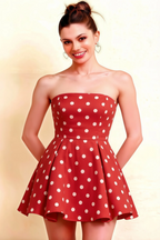Close up studio shot LVLVS Red Polka Dot Beverly Dress smooth satin fabric texture strapless design classy party dress spring summer fashion