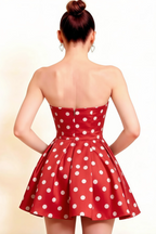 Back view LVLVS Red Polka Dot Satin Beverly Dress invisible zipper closure open back design chic semi-formal graduation homecoming dress