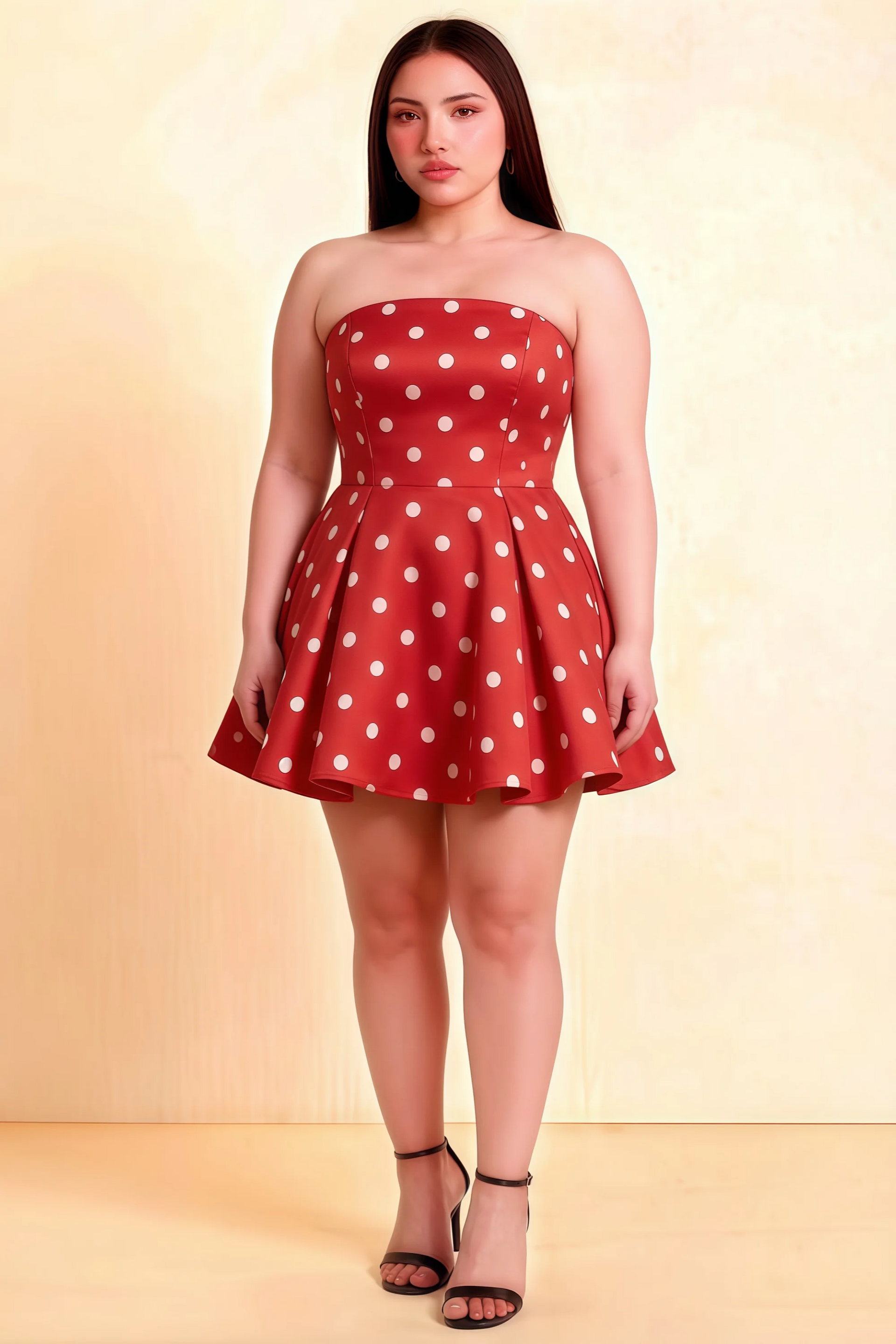 Plus size model wearing LVLVS Red Polka Dot Beverly Dress curve loving fit and flare silhouette elegant bridesmaid dress formal party occasion