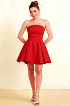 Beverly Red Satin Strapless Open Back Mini Skater Dress