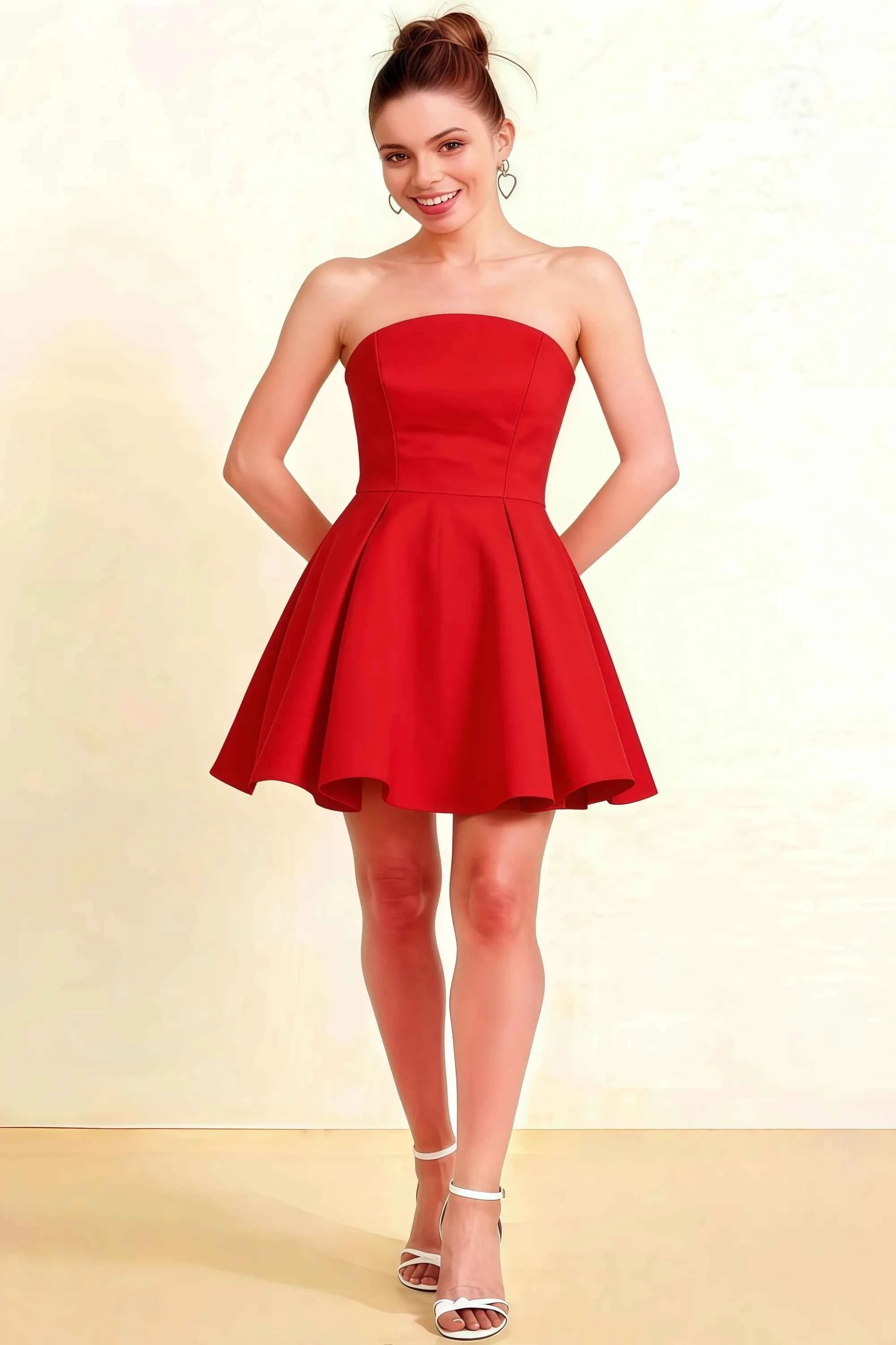Beverly Red Satin Strapless Open Back Mini Skater Dress