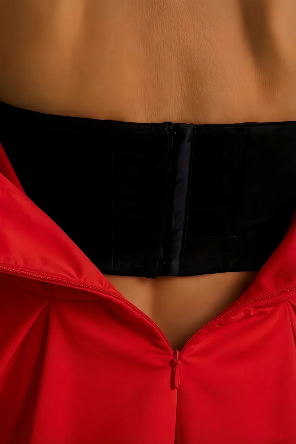 LVLVS Red Satin Beverly Dress Concealed Back Zipper Closure Detail