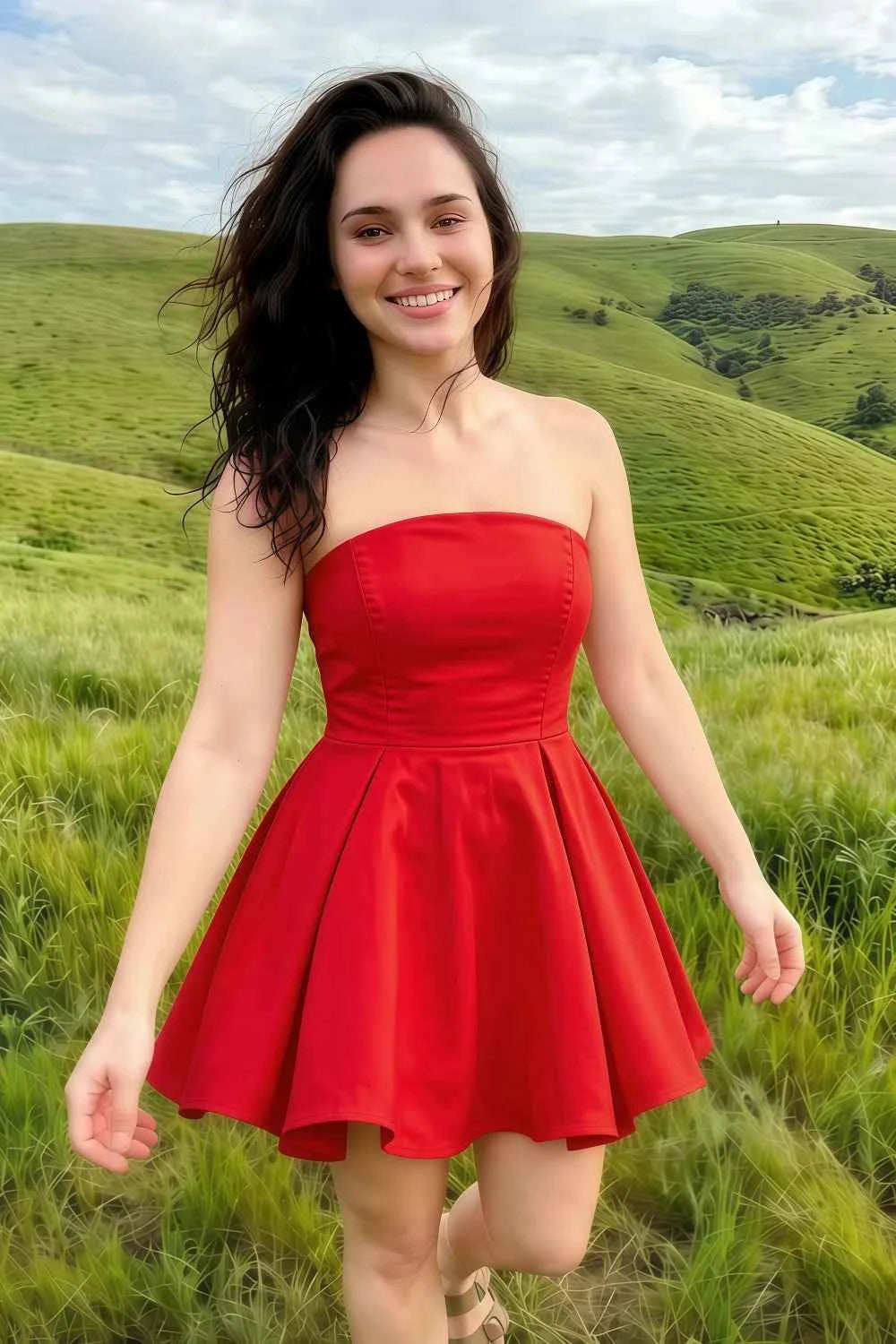 Beverly Red Satin Strapless Open Back Mini Skater Dress