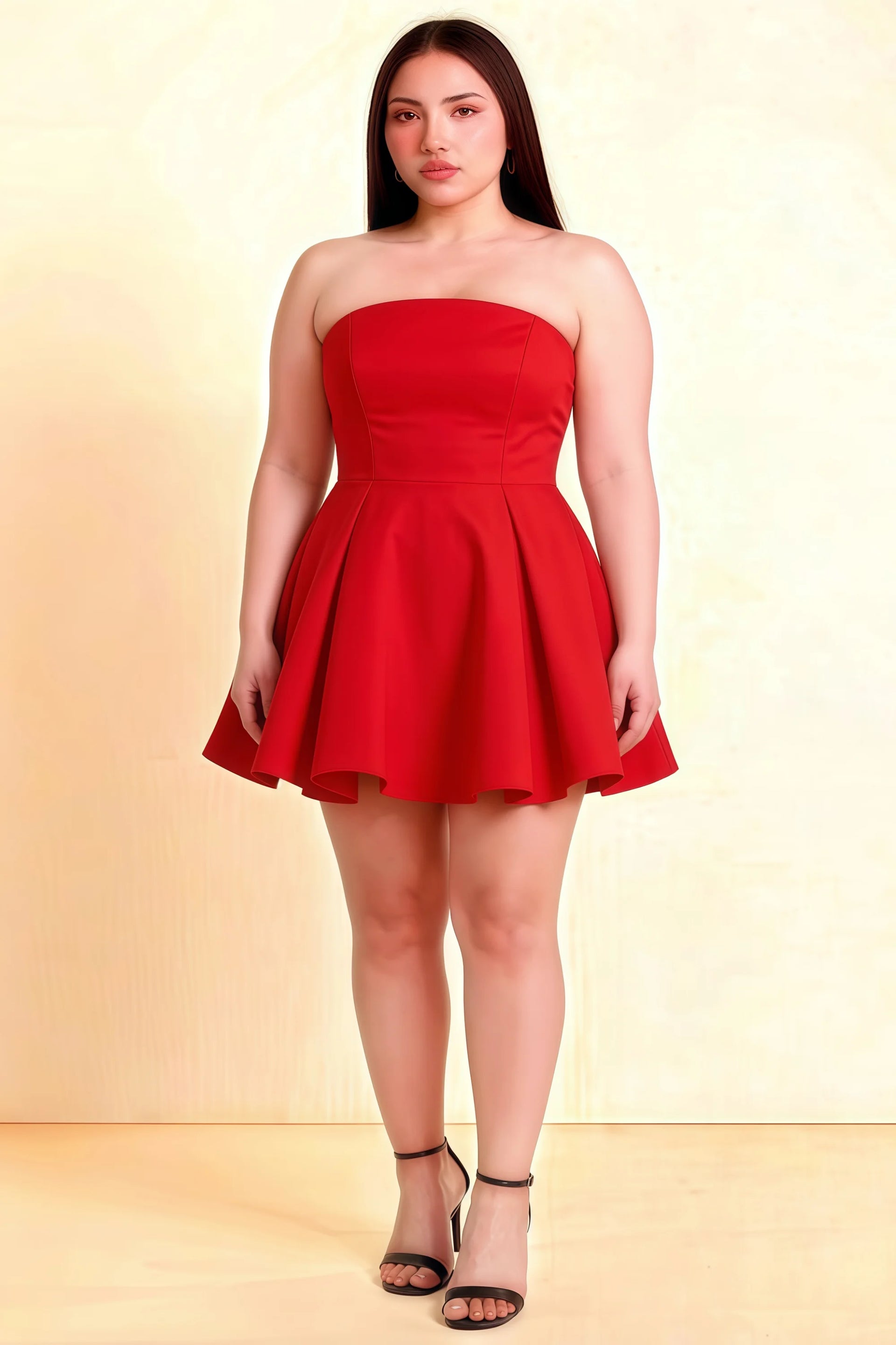 Plus Size LVLVS Red Satin Beverly Dress Strapless Mini Skater Dress for Graduation
