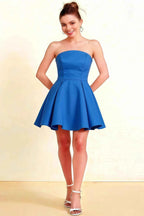 Beverly Royal Blue Satin Strapless Open Back Mini Skater Dress