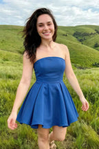 Beverly Royal Blue Satin Strapless Open Back Mini Skater Dress