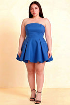 Plus Size Model Wearing LVLVS Royal Blue Satin Beverly Dress Strapless Skater Style for Curvy Women Party