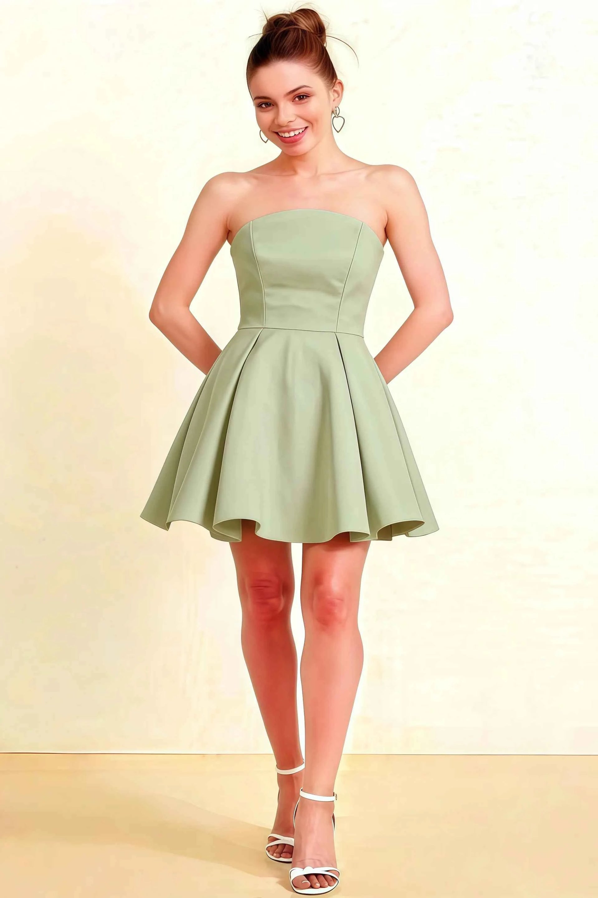 Beverly Sage Green Satin Strapless Open Back Mini Skater Dress