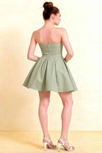 Beverly Sage Green Satin Strapless Open Back Mini Skater Dress