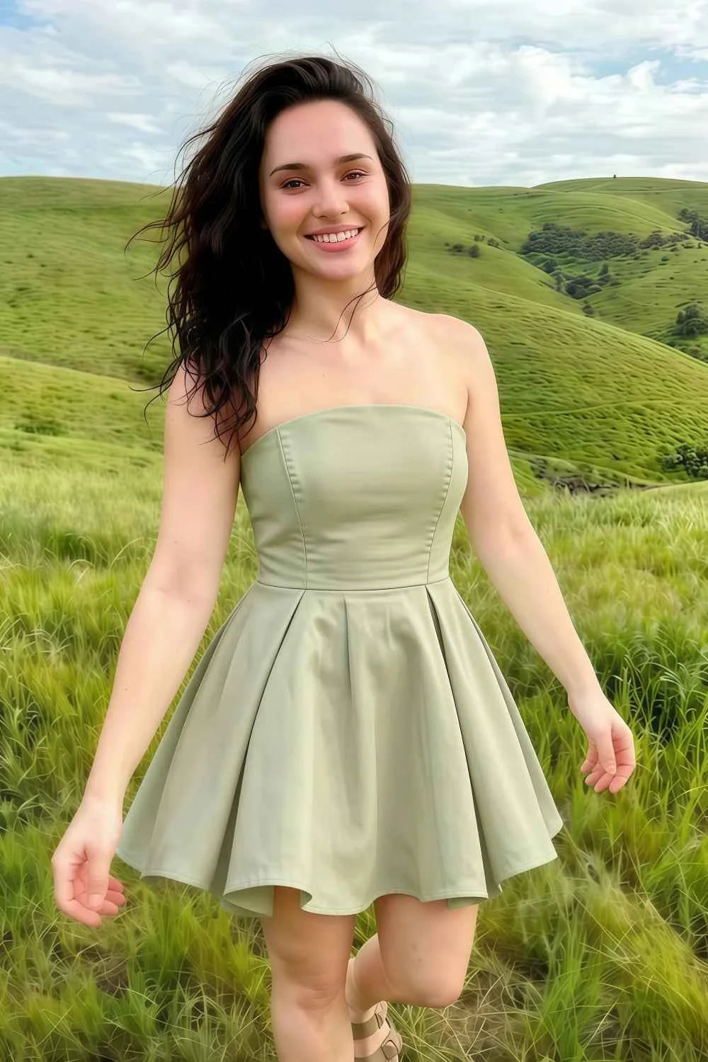 Beverly Sage Green Satin Strapless Open Back Mini Skater Dress