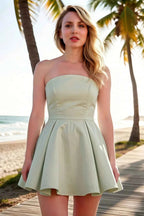 Beverly Sage Green Satin Strapless Open Back Mini Skater Dress