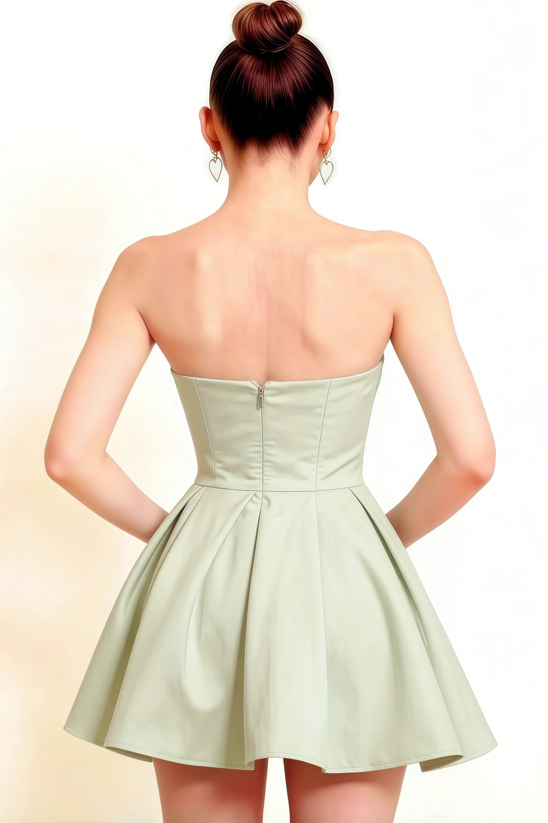 Close Up Open Back LVLVS Beverly Dress Sage Green Satin Strapless Mini Skater Dress for Formal Party Semi - Formal