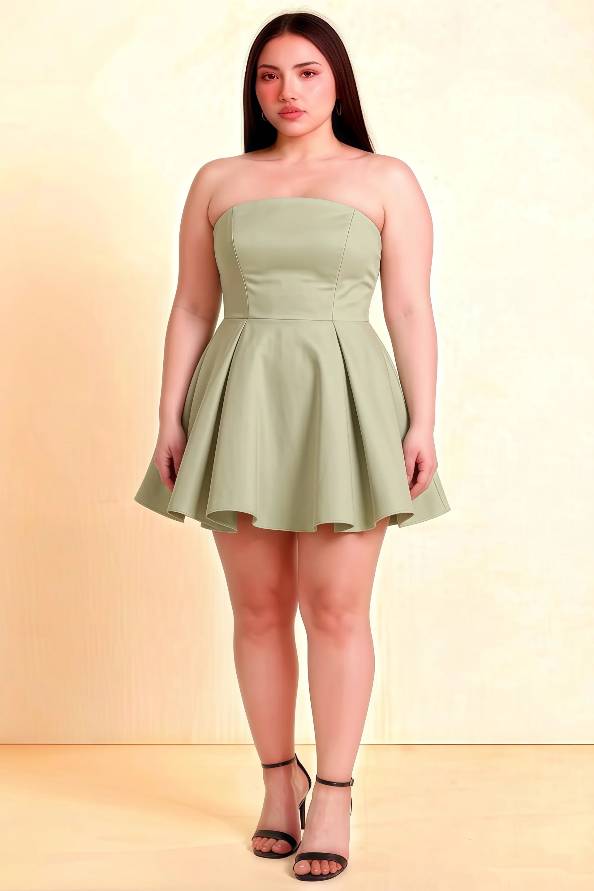 Plus Size Model Wearing LVLVS Sage Green Satin Beverly Dress Strapless Open Back Mini Skater Dress for Office Work Party