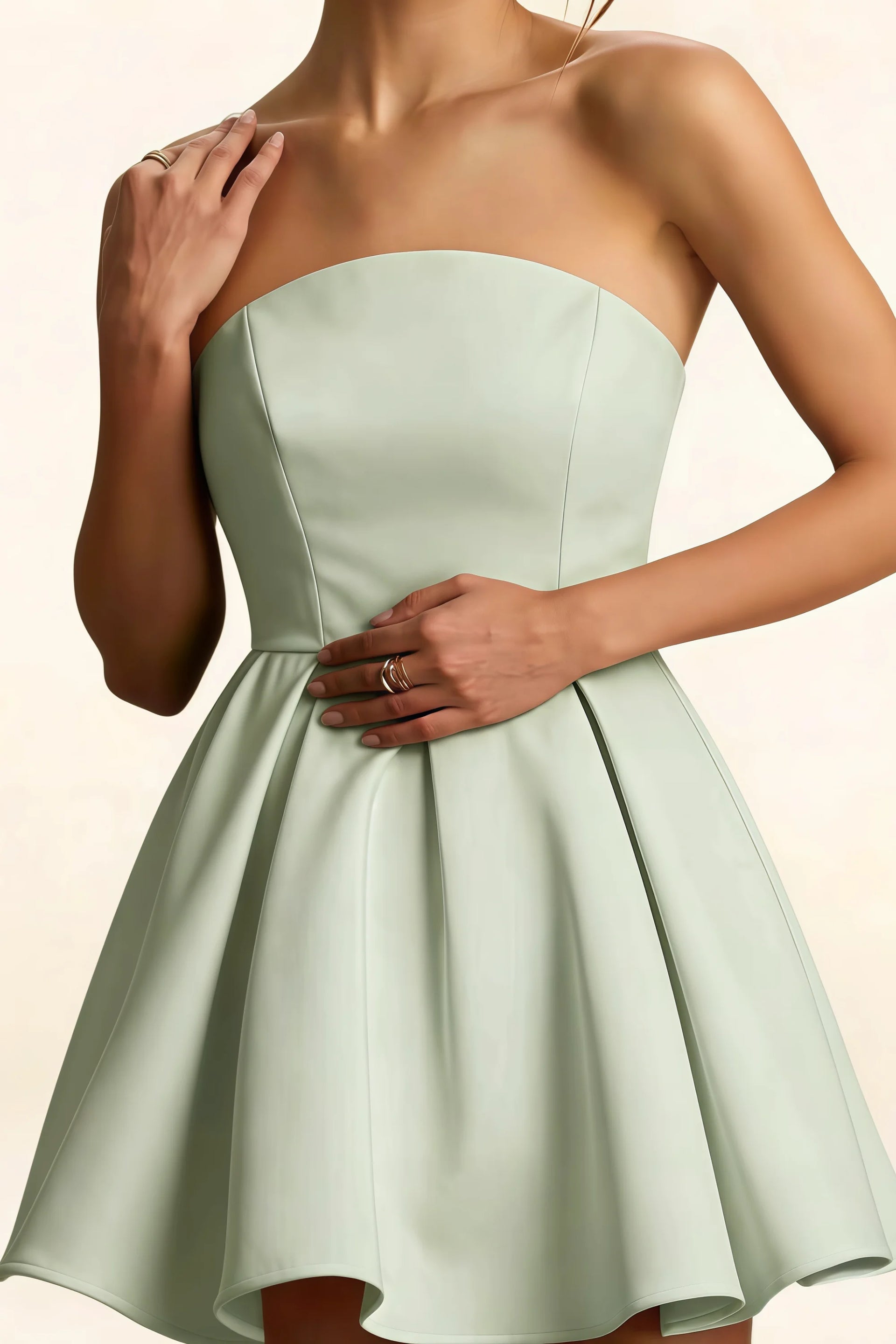 Close Up Waist LVLVS Sage Green Satin Beverly Dress Strapless Mini Skater Dress for Birthday Graduation Sorority Rush