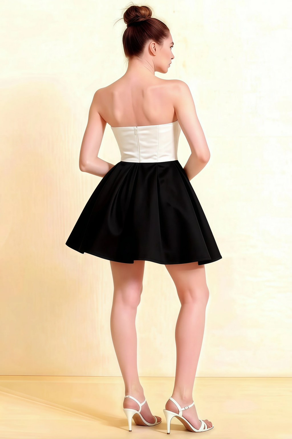 Back view LVLVS Beverly dress white black satin open back mini skater dress for semi-formal event