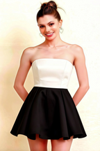LVLVS Beverly mini dress white black satin strapless sweetheart neckline for birthday party
