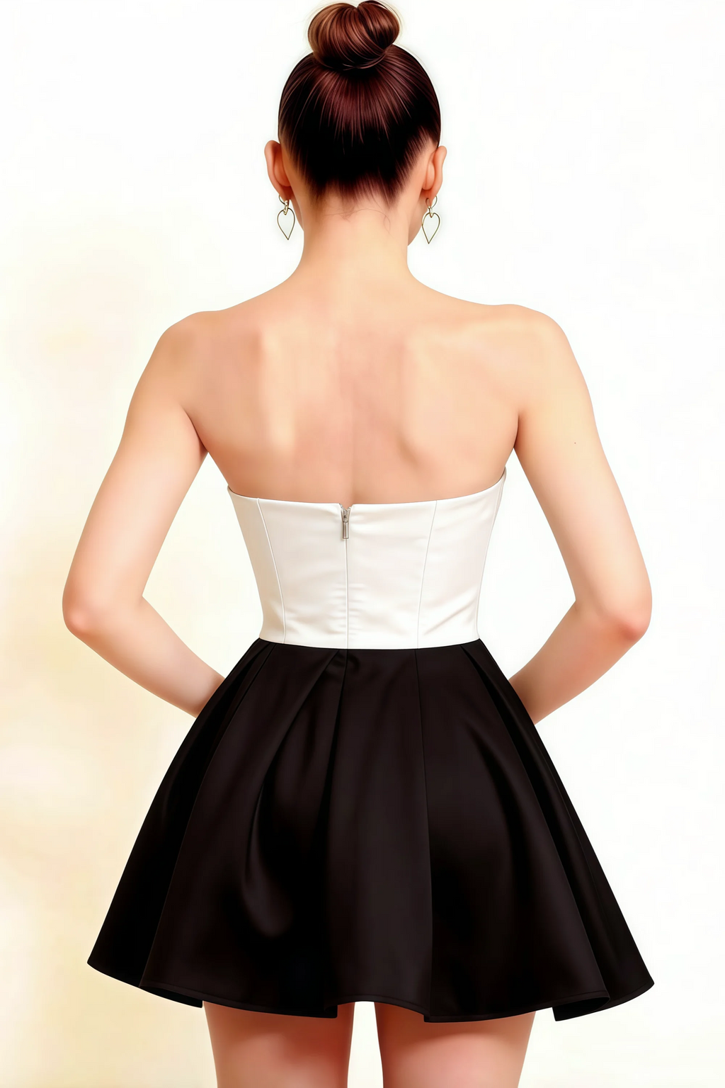 LVLVS Beverly dress back view white black satin zipper open back design for formal party guest