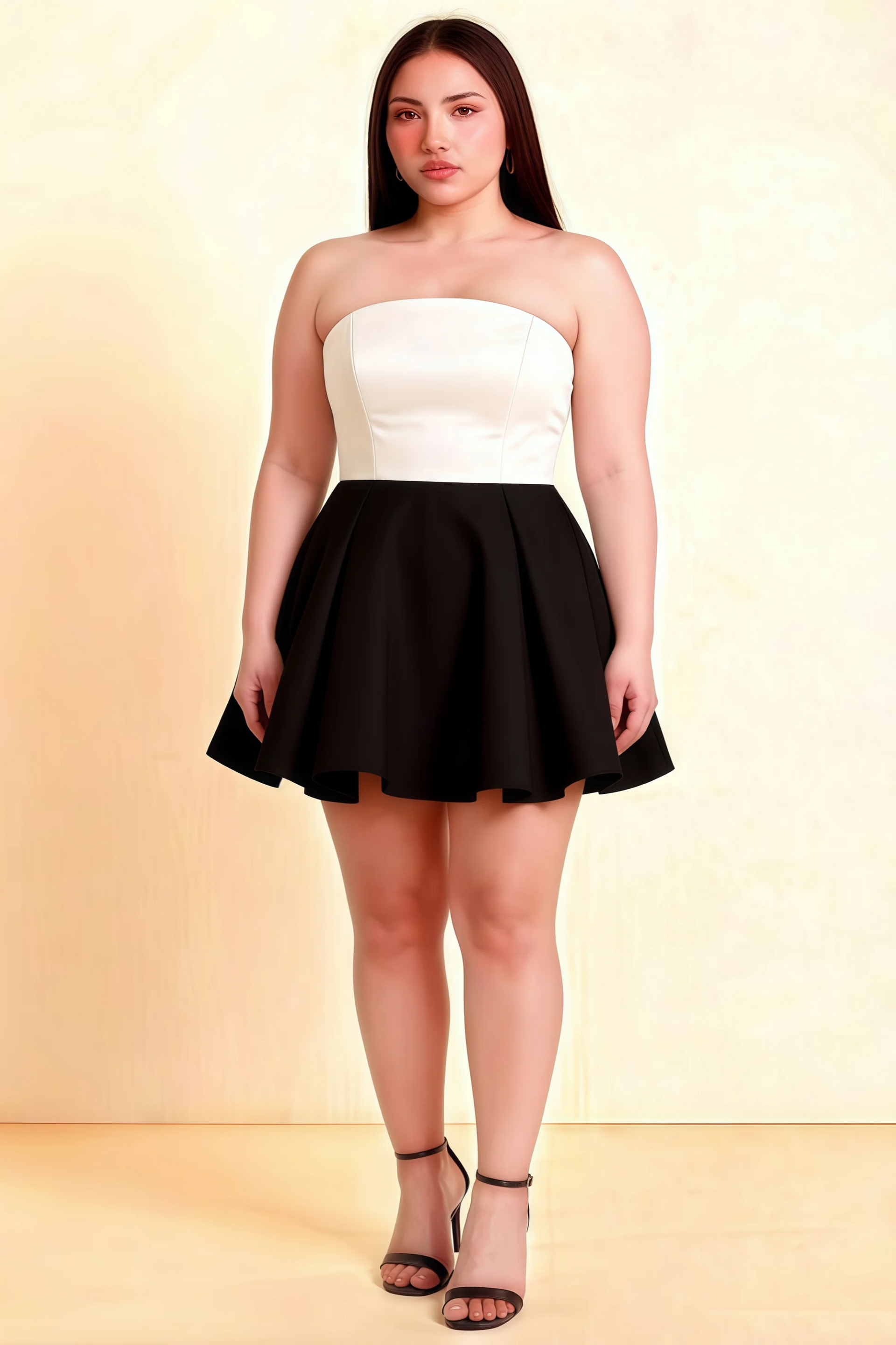Plus size model wearing LVLVS Beverly dress white black satin strapless skater dress for plus size women party