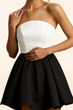 Close up LVLVS Beverly dress white black satin fabric texture strapless bodice detail for club going out
