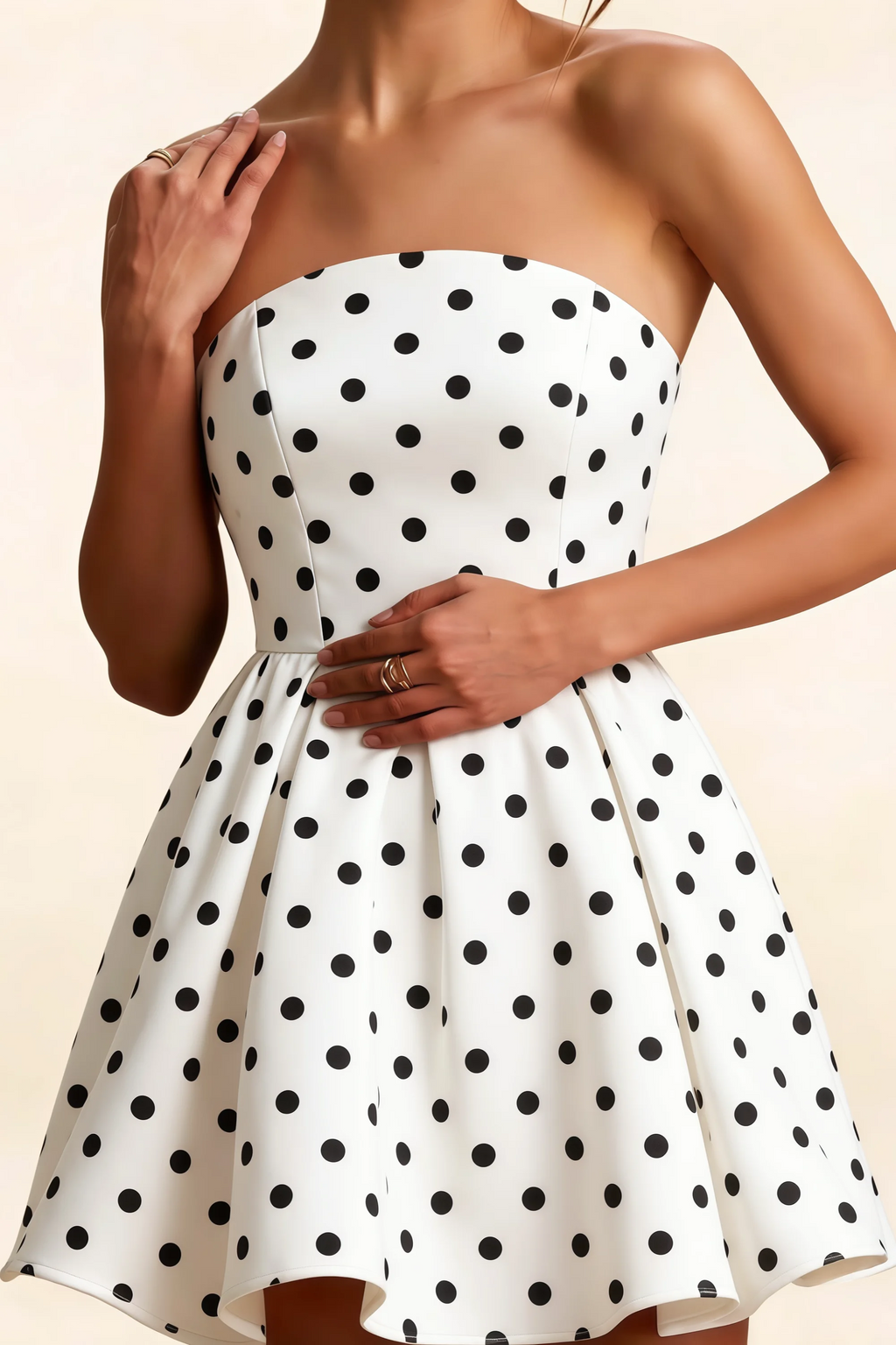 LVLVS Beverly Dress White Polka Dot Satin Bodice Detail Strapless Mini Skater Dress Elegant Cocktail Club Wear