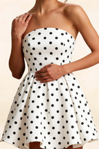 LVLVS Beverly Dress White Polka Dot Satin Bodice Detail Strapless Mini Skater Dress Elegant Cocktail Club Wear